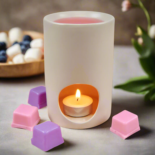 Nutshell ceramic oil burner with lit candle and colorful wax melts for home fragrance