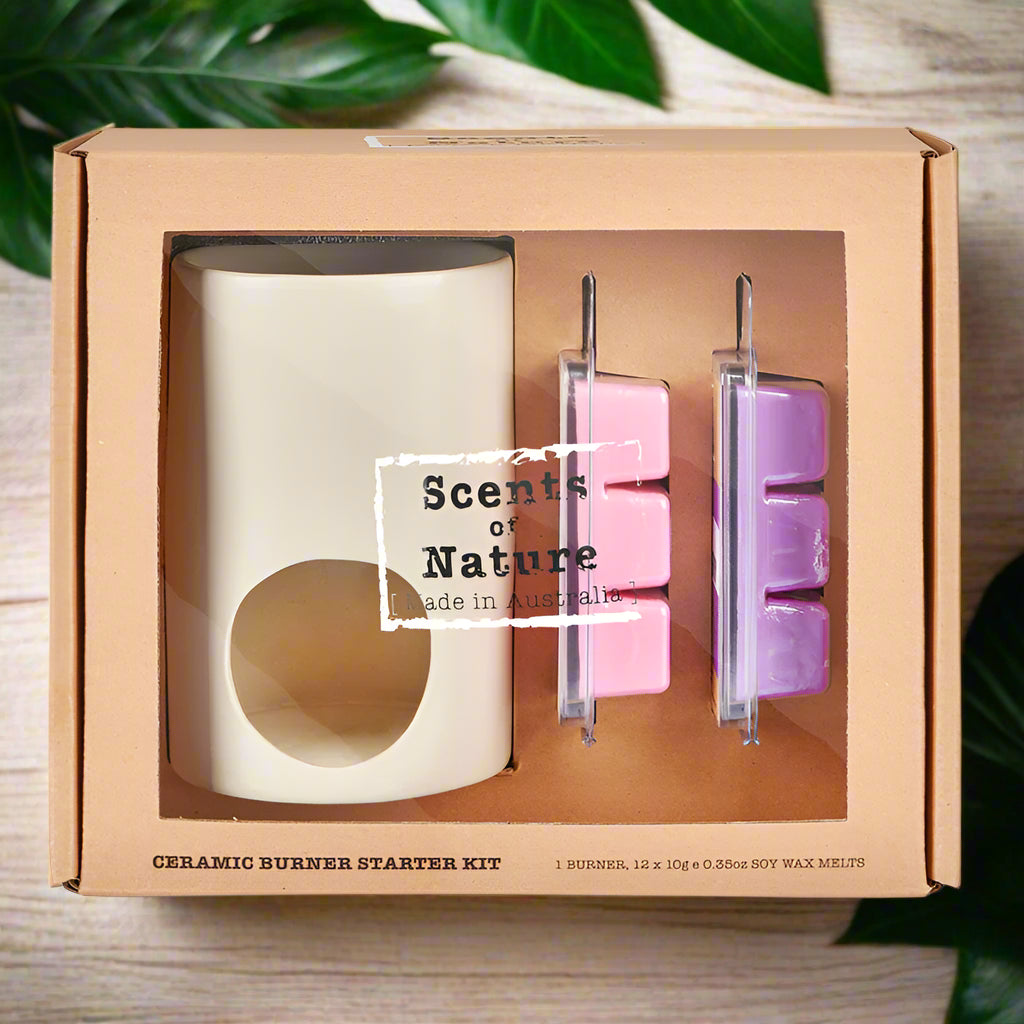 Nutshell ceramic oil burner starter kit with white ceramic oil burner and pink and purple soy wax melts