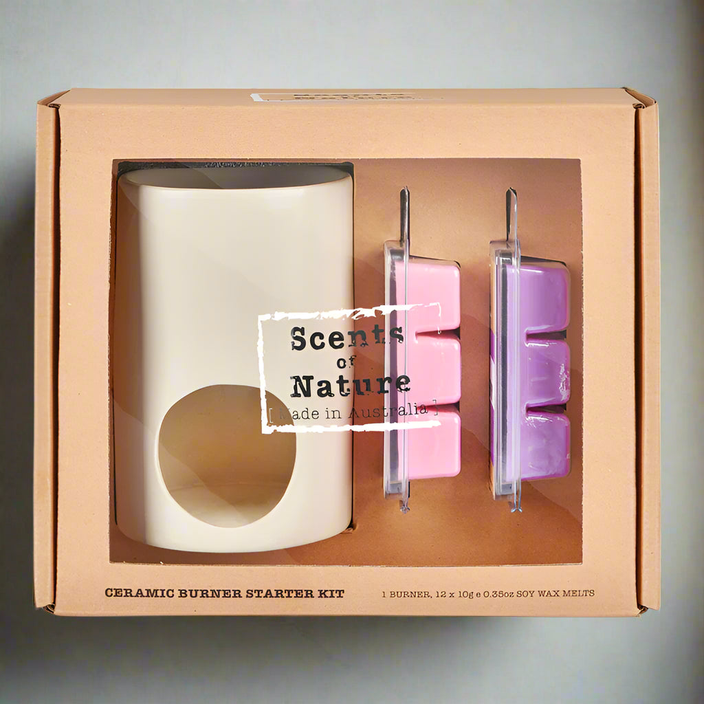 Nutshell ceramic oil burner starter kit with white ceramic oil burner and pink and purple wax melts