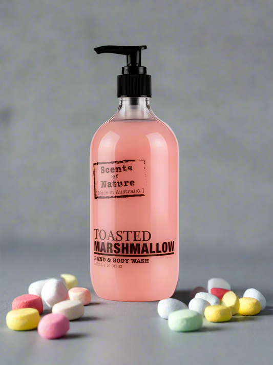 Nutshell Scents of Nature Hand and Body Wash in toasted marshmallow scent with colorful marshmallows around