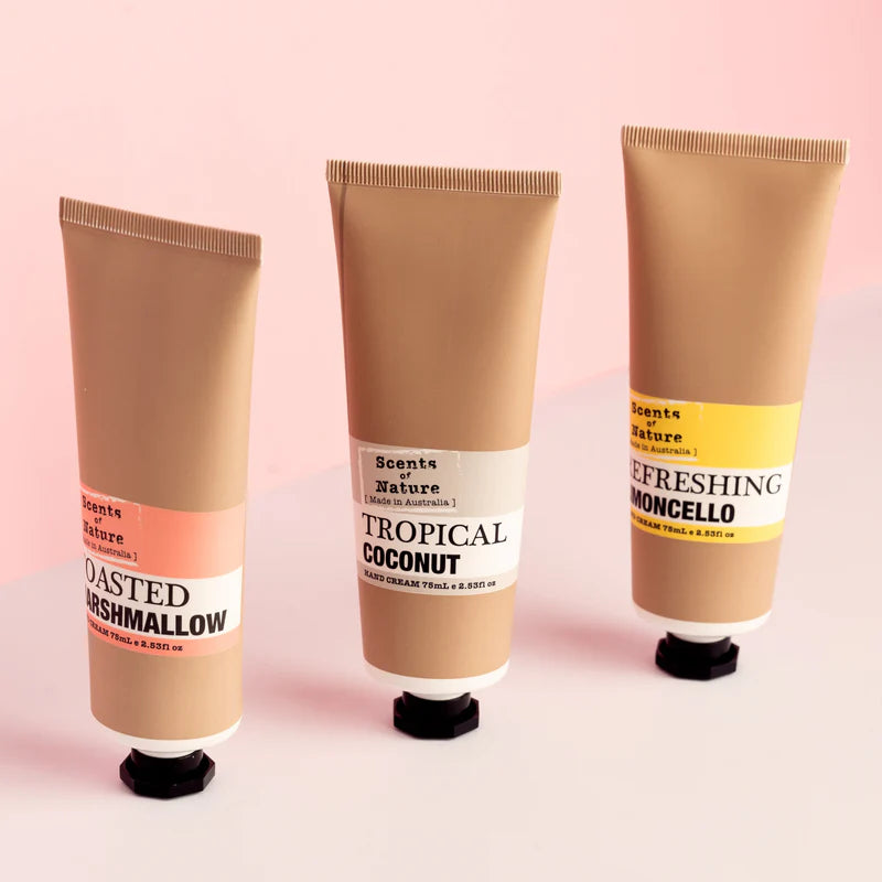 Nutshell Scents of Nature hand cream set with toasted marshmallow tropical coconut and refreshing limoncello scents