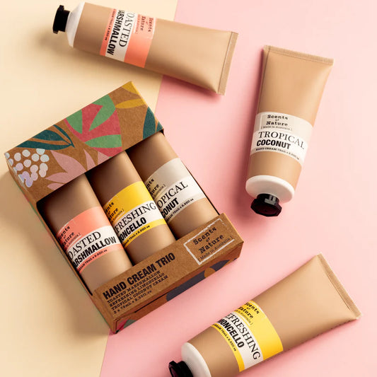 Nutshell Scents of Nature hand cream set with toasted marshmallow, refreshing lemoncello, and tropical coconut scents