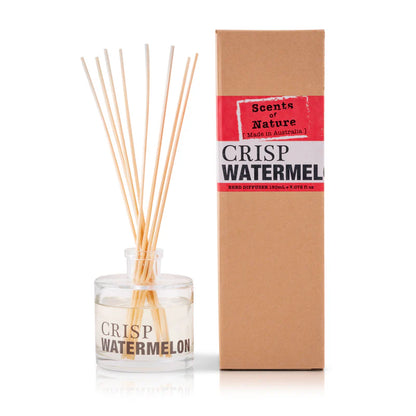 Scents of Nature Reed Diffuser 150mL with Crisp Watermelon fragrance by Nutshell with wooden reeds and packaging