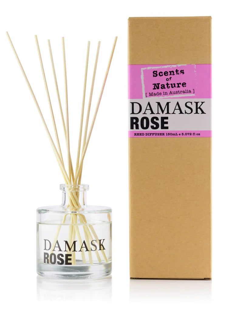 Nutshell Scents of Nature Reed Diffuser 150mL Damask Rose scent with glass bottle and reeds