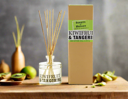 Nutshell Scents of Nature Reed Diffuser 150mL with Kiwifruit and Tangerine scent on wooden table