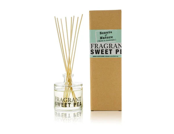 Scents of Nature Reed Diffuser 150mL with Sweet Pea fragrance in clear glass bottle and natural reeds