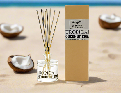 Scents of Nature Reed Diffuser 150mL Tropical Coconut Cream scent with natural reeds on sand background