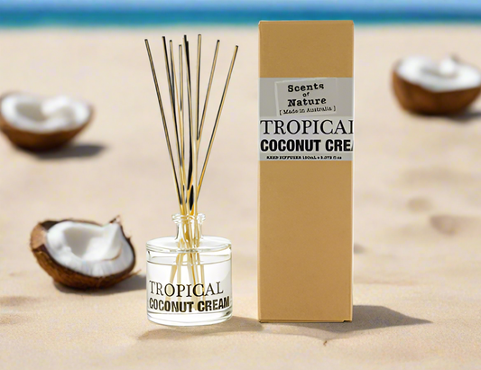 Scents of Nature Reed Diffuser 150mL Tropical Coconut Cream scent with natural reeds on sand background