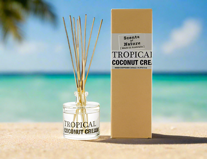 Scents of Nature Reed Diffuser 150mL tropical coconut cream scent with reeds and packaging on beach background