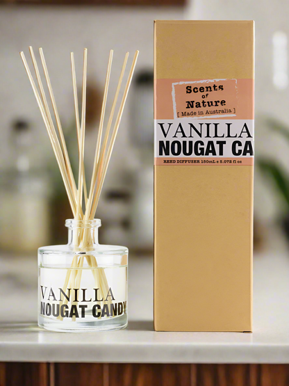 Nutshell Scents of Nature Reed Diffuser 150mL with vanilla nougat candy scent and natural reed sticks