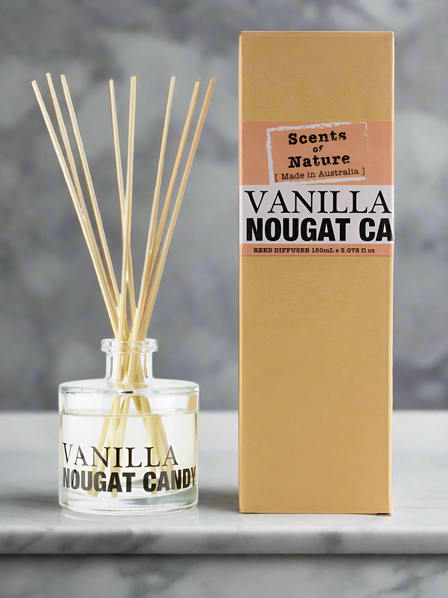 Nutshell Scents of Nature Reed Diffuser 150mL vanilla nougat candy scent with wooden reeds and beige packaging