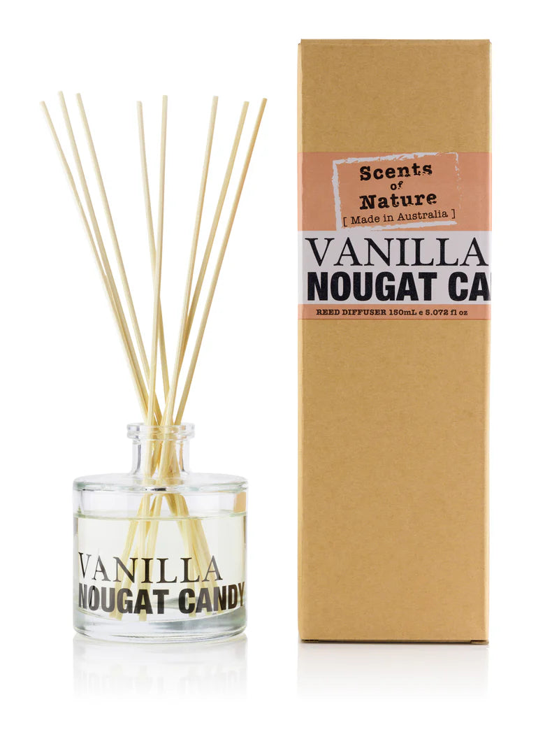 Nutshell Scents of Nature Reed Diffuser 150mL Vanilla Nougat Candy scent with reeds and packaging