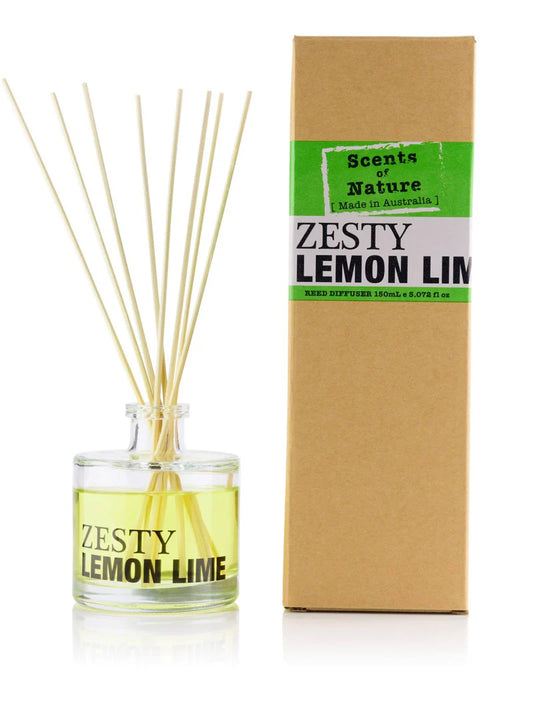 Nutshell Scents of Nature Reed Diffuser 150mL with zesty lemon lime scent and natural reed sticks