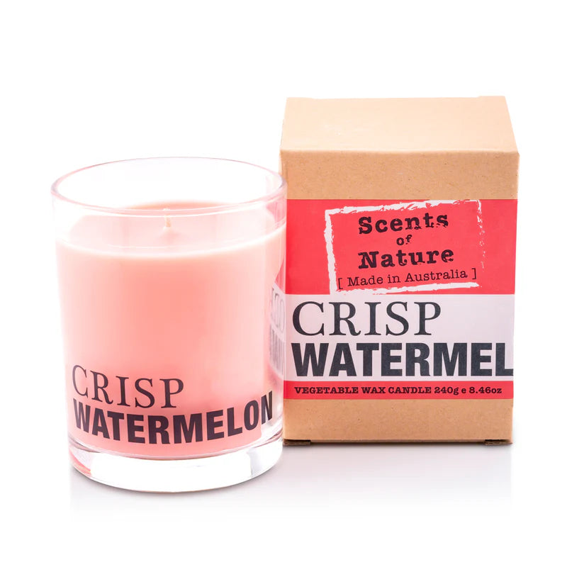 Nutshell Scents of Nature Soy Candle 240g in Crisp Watermelon scent with pink wax and packaging
