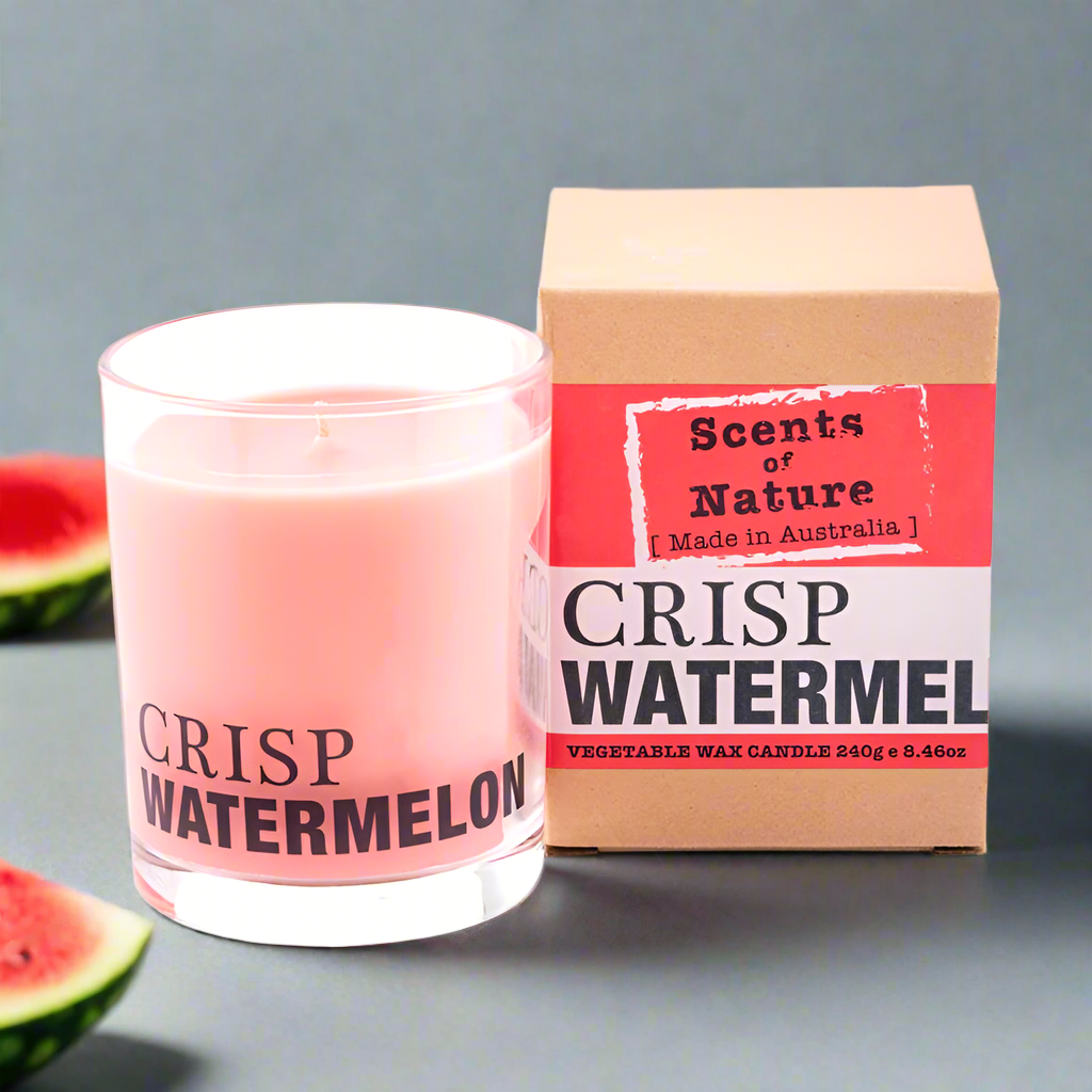 Nutshell Scents of Nature Soy Candle 240g in Crisp Watermelon scent with red and brown packaging