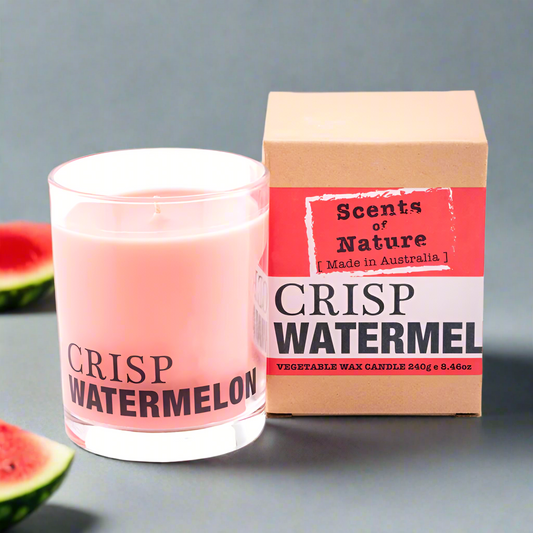 Nutshell Scents of Nature Soy Candle 240g in Crisp Watermelon scent with red and brown packaging