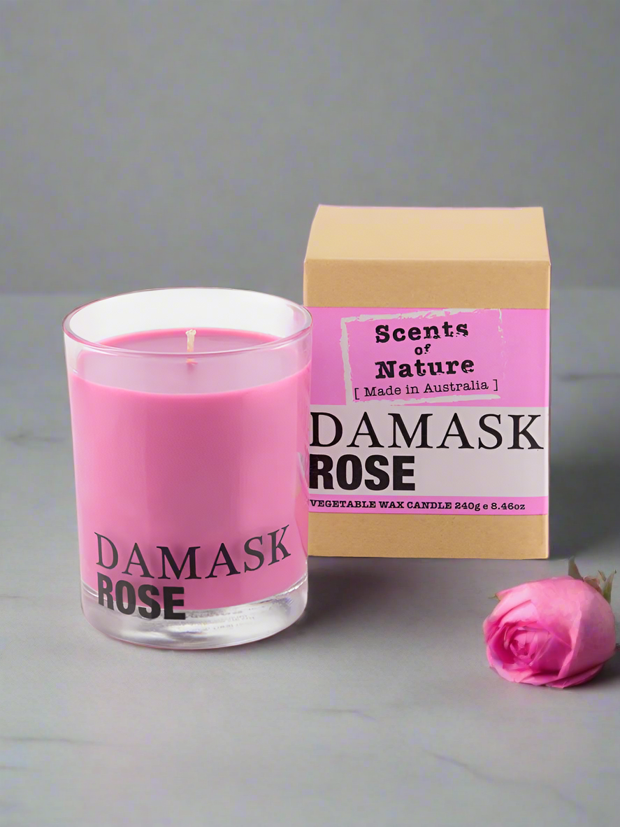 Nutshell Scents of Nature Soy Candle 240g in pink Damask Rose scent with matching packaging and rose flower