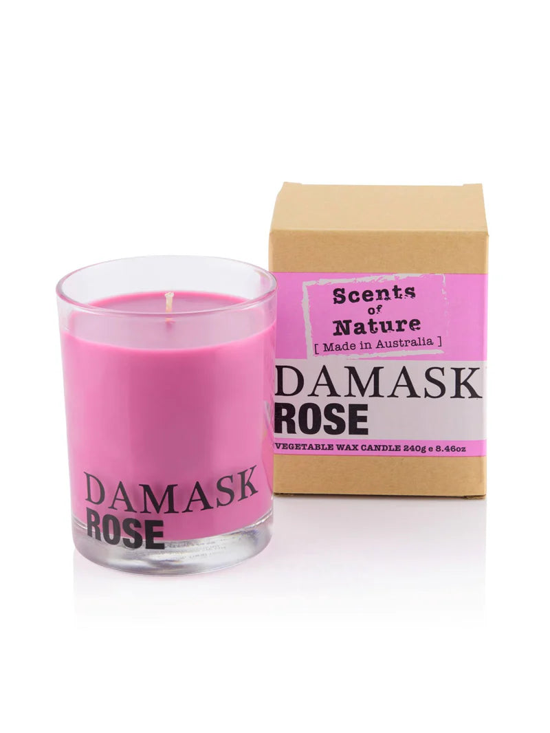 Nutshell Scents of Nature Soy Candle 240g in Damask Rose scent with pink wax and packaging