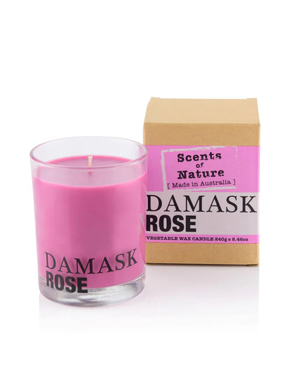 Nutshell Scents of Nature Soy Candle 240g in Damask Rose scent with pink wax and packaging