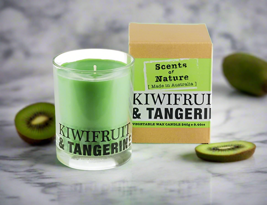 Scents of Nature Soy Candle 240g Kiwifruit and Tangerine scented candle with packaging by Nutshell