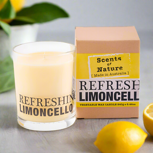 Nutshell Scents of Nature Soy Candle 240g in Refreshing Limoncello scent with packaging and lemons