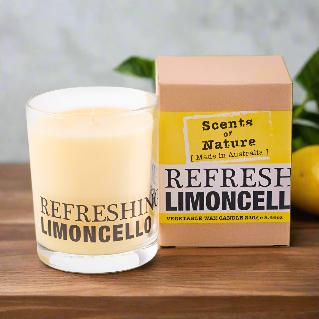 Scents of Nature Soy Candle 240g in Refreshing Limoncello scent with yellow label and packaging