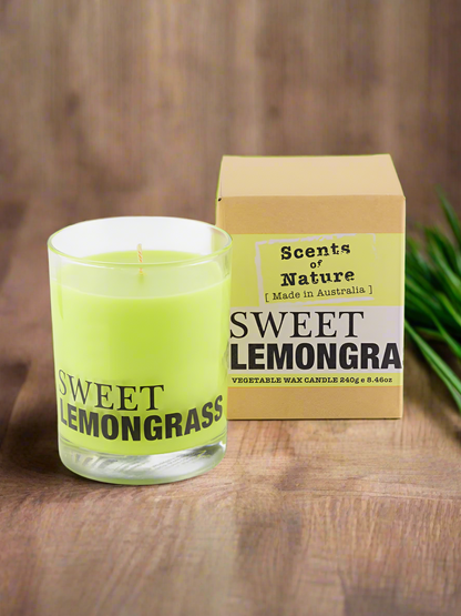 Scents of Nature Soy Candle 240g Sweet Lemongrass scent in a glass jar with packaging
