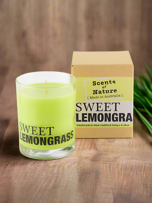 Scents of Nature Soy Candle 240g Sweet Lemongrass scent in a glass jar with packaging