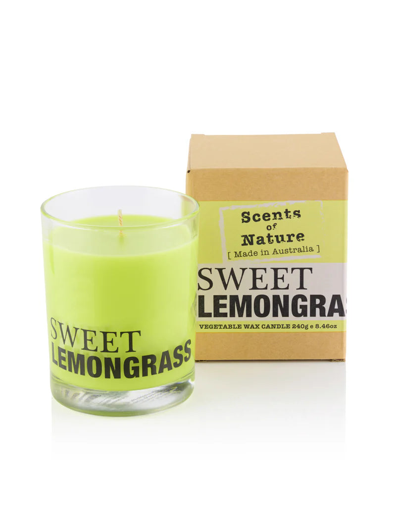 Nutshell Scents of Nature Soy Candle 240g in sweet lemongrass scent with green candle and cardboard box