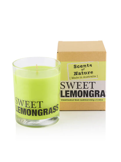 Nutshell Scents of Nature Soy Candle 240g in sweet lemongrass scent with green candle and cardboard box