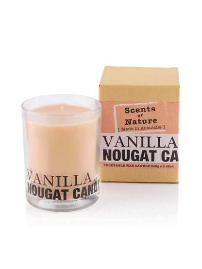 Nutshell Scents of Nature Soy Candle 240g vanilla nougat scent in glass jar with packaging