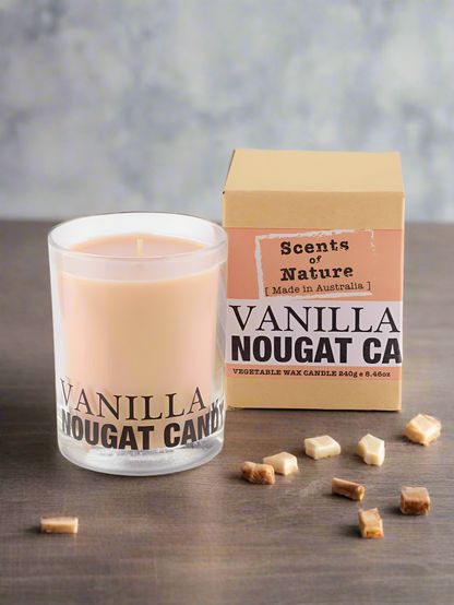 Nutshell Scents of Nature Soy Candle 240g vanilla nougat scented candle in glass jar with packaging