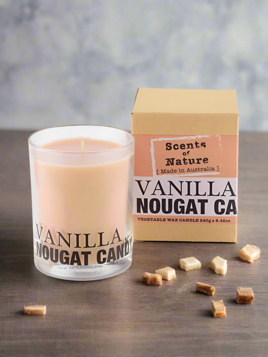 Nutshell Scents of Nature Soy Candle 240g vanilla nougat scented candle in glass jar with packaging