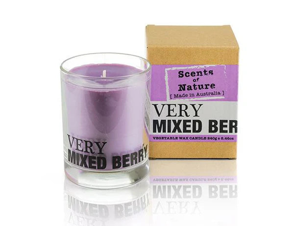 Scents of Nature Soy Candle 240g in Very Mixed Berry scent by Nutshell with purple wax and packaging
