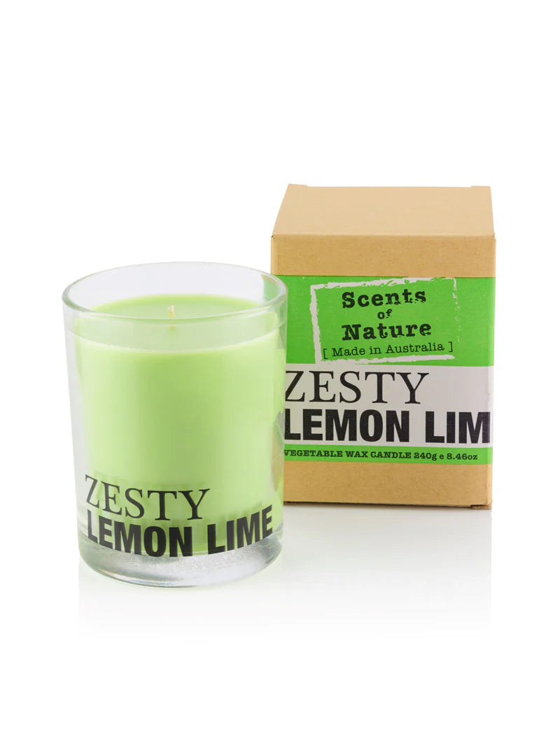 Nutshell Scents of Nature Soy Candle 240g in zesty lemon lime scent with green wax and kraft box