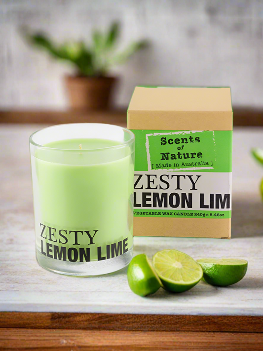 Nutshell Scents of Nature Soy Candle 240g in Zesty Lemon Lime scent with fresh lime slices