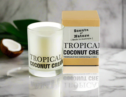 Nutshell Tropical Coconut Cream Soy Candle in a clear glass next to its beige packaging on marble surface