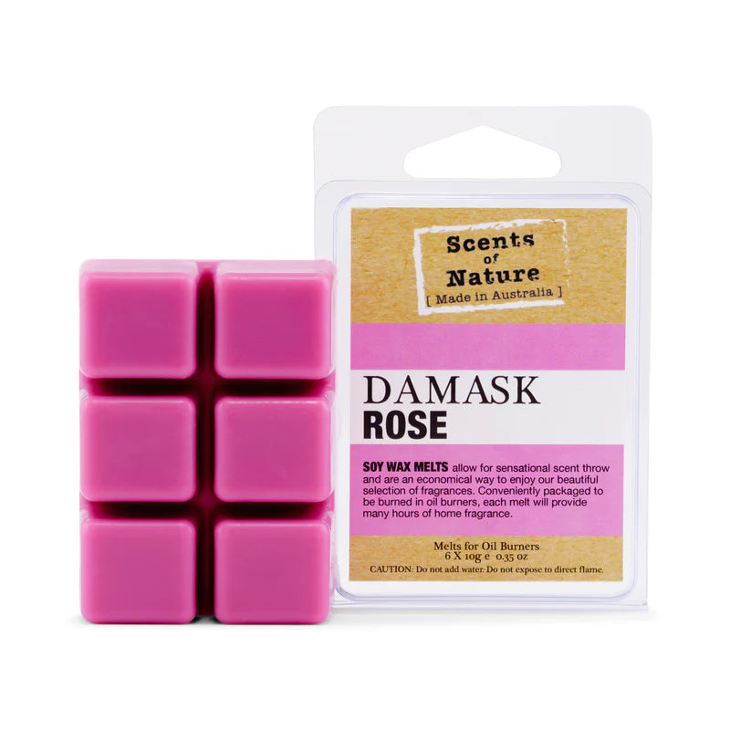 Scents of Nature Soy Wax Melts Damask Rose fragrance by Nutshell with six pink wax cubes in clear packaging