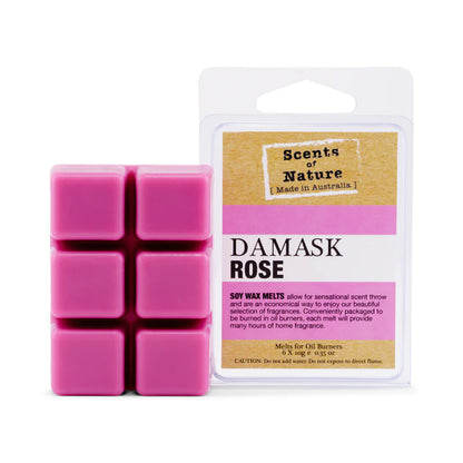 Scents of Nature Soy Wax Melts Damask Rose fragrance by Nutshell with six pink wax cubes in clear packaging
