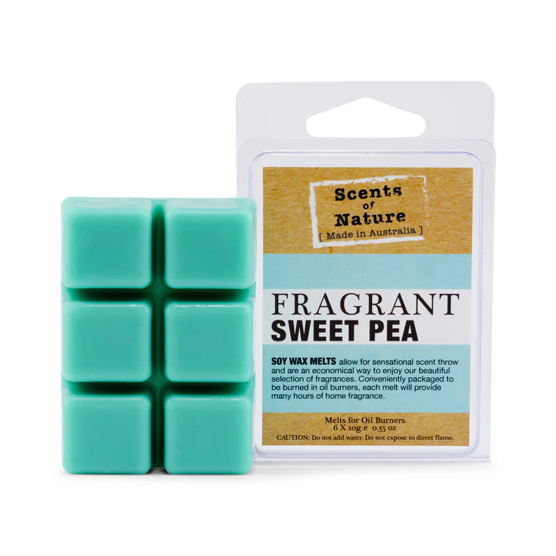Nutshell Scents of Nature Soy Wax Melts Sweet Pea fragrance with six blue wax cubes in clear packaging