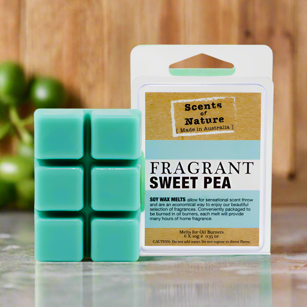Scents of Nature Soy Wax Melts Sweet Pea fragrance by Nutshell in blue wax cubes and clear packaging