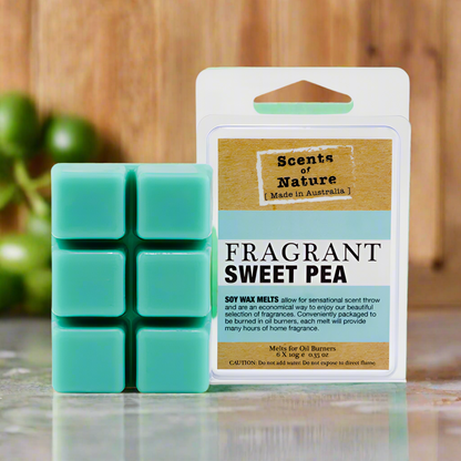 Scents of Nature Soy Wax Melts Sweet Pea fragrance by Nutshell in blue wax cubes and clear packaging