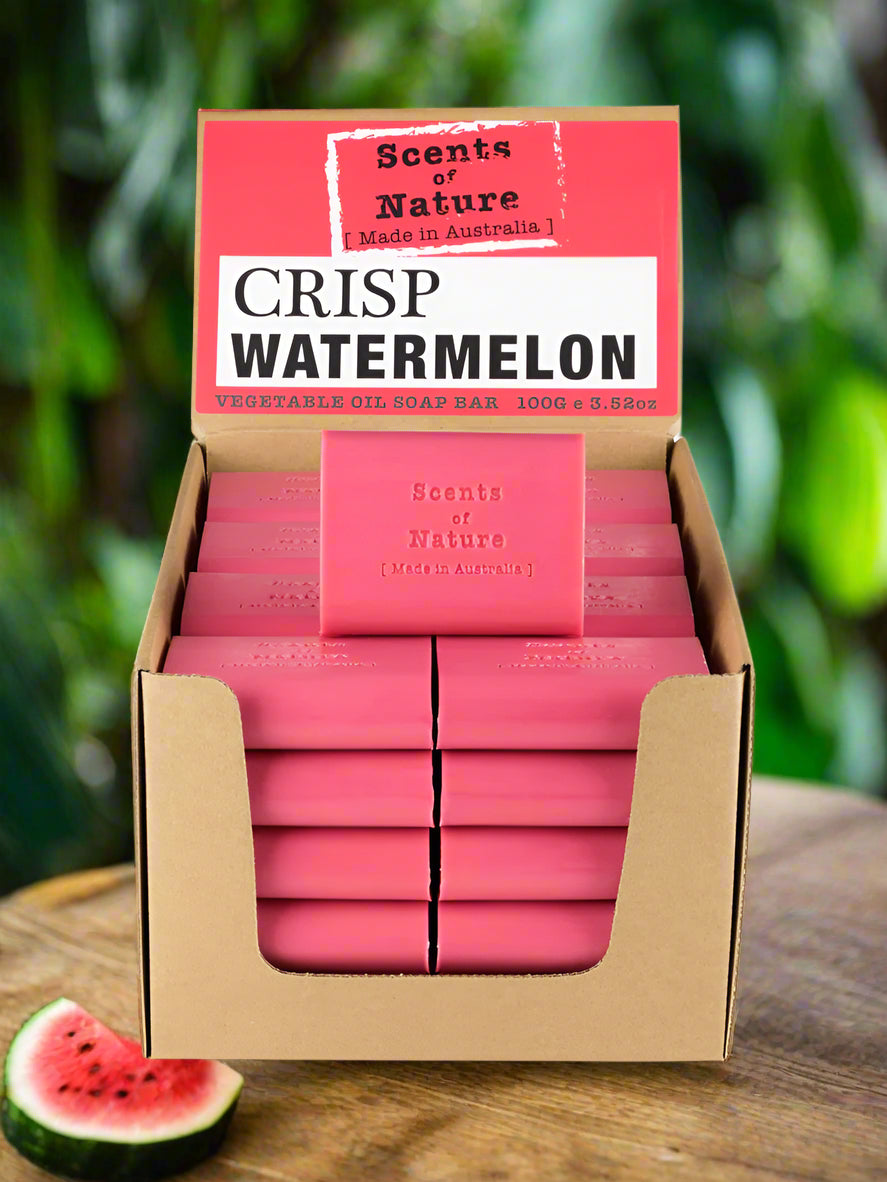 Nutshell Tilley Soap Bars Crisp Watermelon pink vegetable oil soap bars in countertop display box