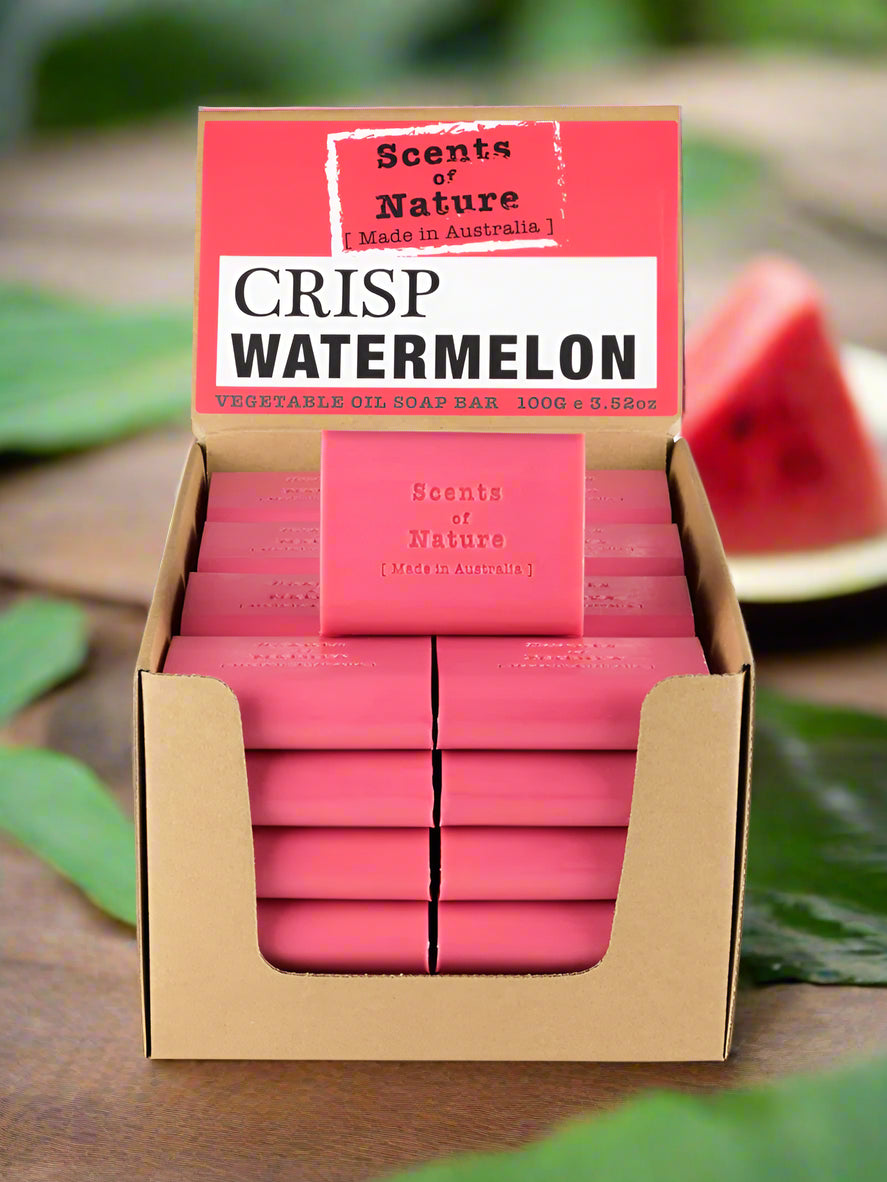 Nutshell Crisp Watermelon soap display with stacked pink bars Tilley Soap Bars for fresh scent