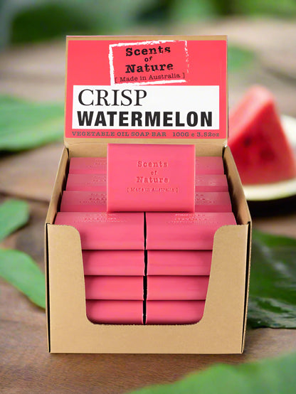 Nutshell Crisp Watermelon soap display with stacked pink bars Tilley Soap Bars for fresh scent