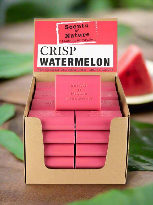 Nutshell Crisp Watermelon soap display with stacked pink bars Tilley Soap Bars for fresh scent