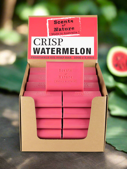 Nutshell Tilley Soap Bars Crisp Watermelon pink vegetable oil soap bars in counter display box