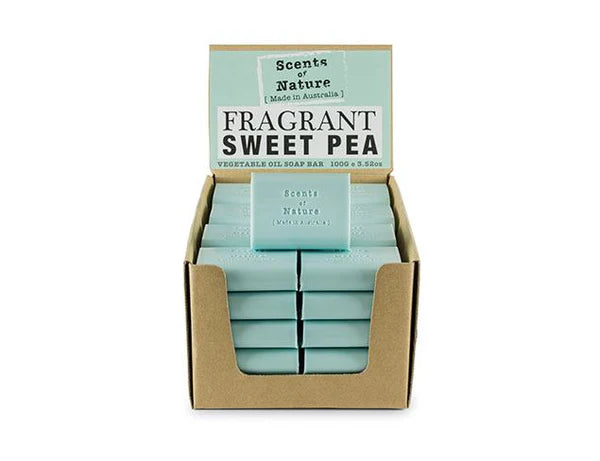 Tilley Soap Bars Nutshell fragrant sweet pea light blue soap bars stacked in a brown cardboard display box
