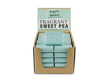 Tilley Soap Bars Nutshell fragrant sweet pea light blue soap bars stacked in a brown cardboard display box