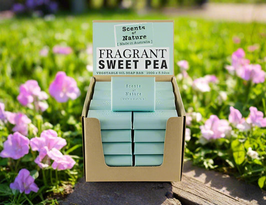 Nutshell Tilley Soap Bars Fragrant Sweet Pea light blue soap bars in cardboard display box with pink flowers